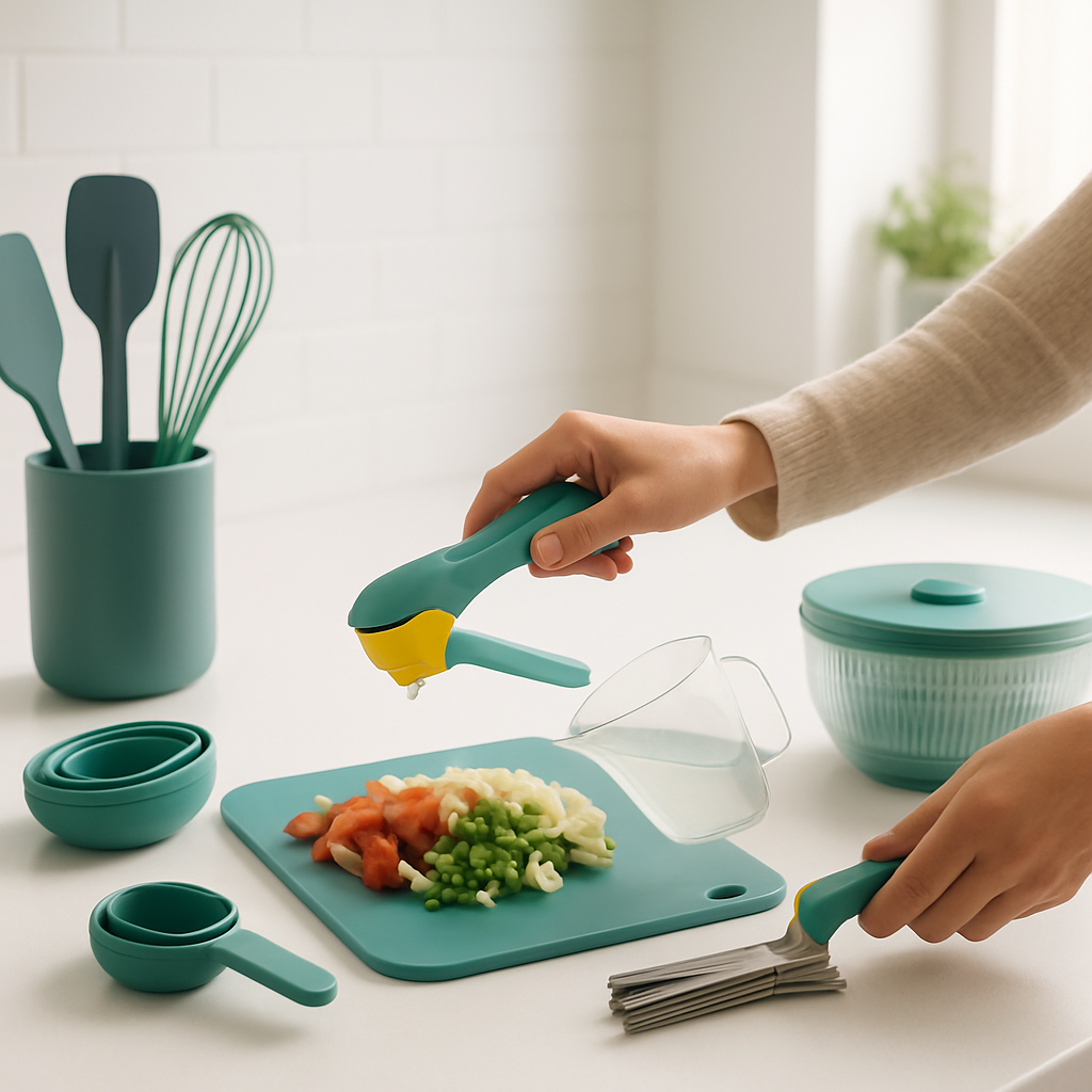 Hands using modern kitchen gadgets on a tidy counter surrounded by colorful utensils